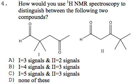 4. How would you use H NMR spectroscopy to distinguish between the following two compounds? A) I-3 signals & II-2 signals B) I-4 signals & II-3 signals C) I-5 signals & II-3 signals D) none of these