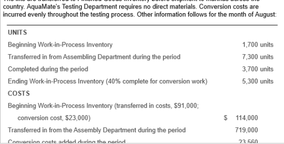 country. AquaMates Testing Department requires no direct materials. Conversion costs are incurred evenly throughout the test