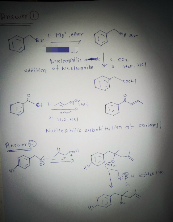 Answer 0 1. Mgo ,ether mg Br BY Nucleophilic attack | 2. CO2 of Nucleophilie & 3. H2O, HCl addition - Mg BV ether 2. H₂O, Hel