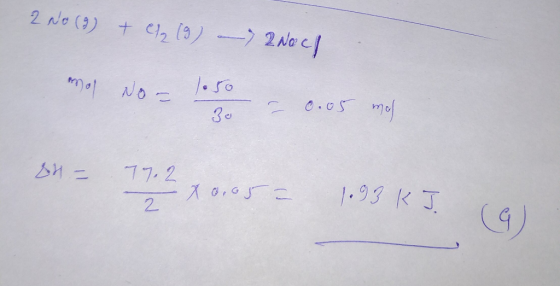 2 No (9) + (9) a.) 2 No cl mol No = 1050 - 0.05 mol - 77.2 x 0,052 1.93 KI (9) 2