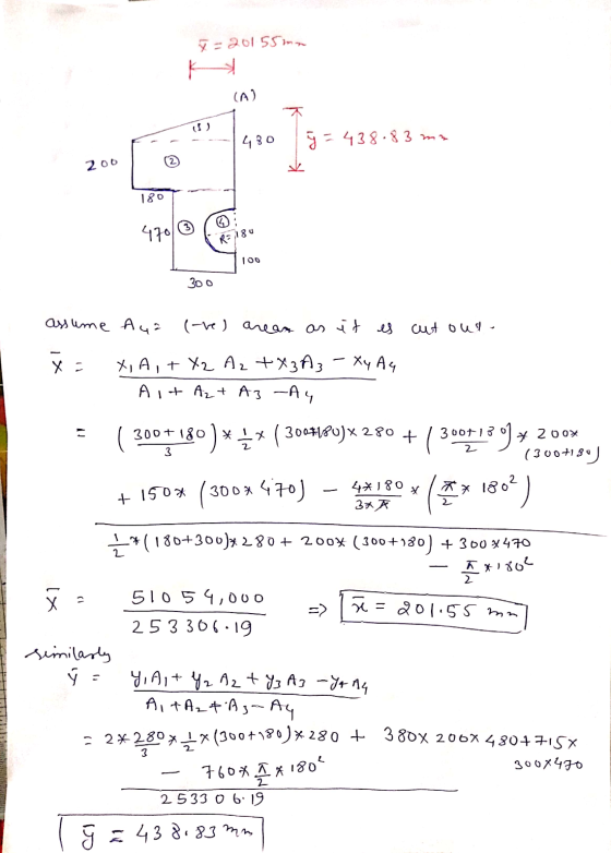 7 = 20155mn (A) 480 ý = 438.83 mm (2 200 180 470 RA180 100 300 assume Aya (-ve) areas as it is cut our X- - Xy A4 XIA,+ X2 A2