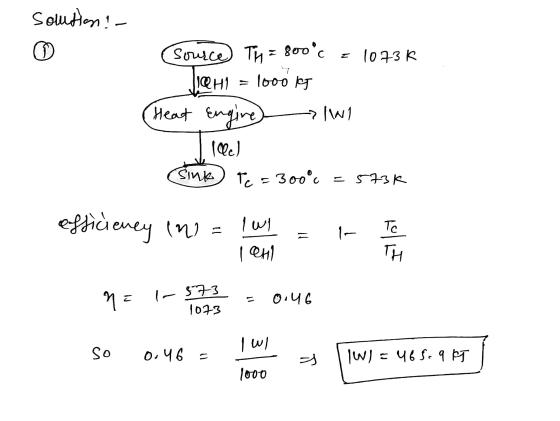 solution? Source Th = 800c = 1073 k. Jichi = loob les Heat Engine kwi leee) Sink Tc = 300c = 5736 efficiency ini = 1w1 = E