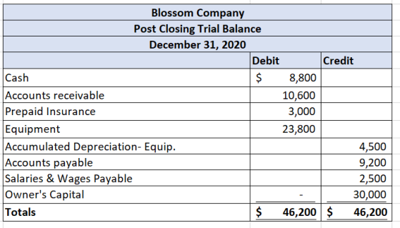 Blossom Company Post Closing Trial Balance December 31, 2020 Debit Credit Cash $ 8,800 Accounts receivable 10,600 Prepaid Ins