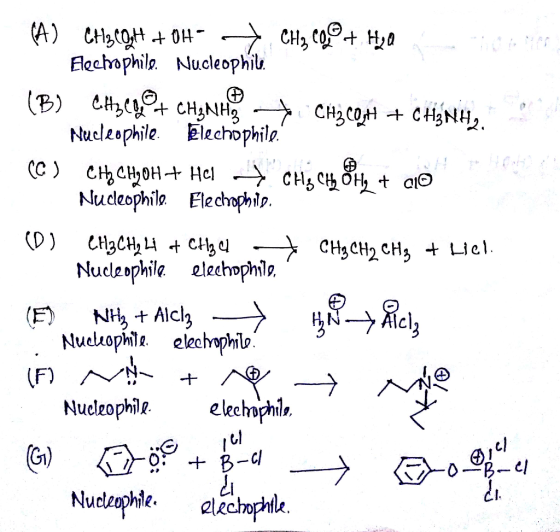 (A) CH3COJH+04 + CH300, + Hy Q otes Electrophile. Nucleophil. (B) (Hylo,@+ CH3NH + CH3COH + CH3NH, Nucleophile. Elechophile.