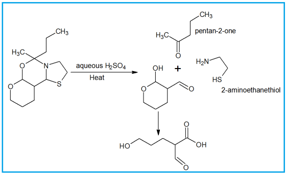 CH3 CH3 pentan-2-one Н.С. Н3С. H2N OH aqueous H2SO4 Heat HS 2-aminoethanethiol HO OH
