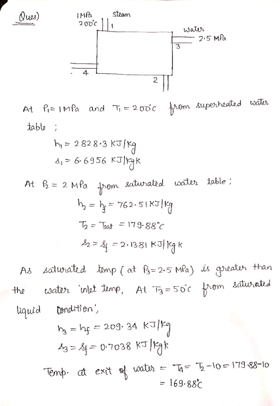 - Ques) Ques) IMPa steam 2000 llo water - 2.5 MPa At PiziMPa and Ti=200°c from superheated water table ; h, = 2828.3 KJ/KG 0,