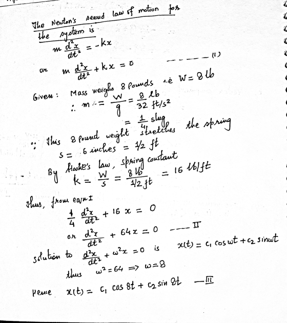 The Newtons second low of motion for the system is -kx m d²x at² -11) Or dt2 Given : 8 eb :. g the spring m d’x + kx = 0 Mas