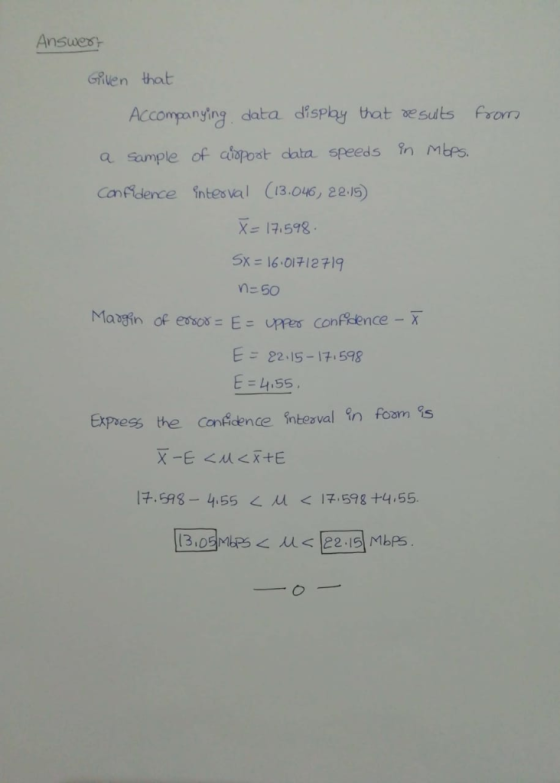 Ansues GRuen that Accompanying data dispby that xe suts ror a sample of afoPost data seeds in Mbs. Confdence ntesval C13.046,