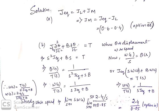 Solution: m . Jeq = JLt JM => JM = Jeg -JL -(0.6-0.4) Cophien üc) (b) Jedê + B88. Et * 3²Jeq+ BS = T where Got displacenerlo
