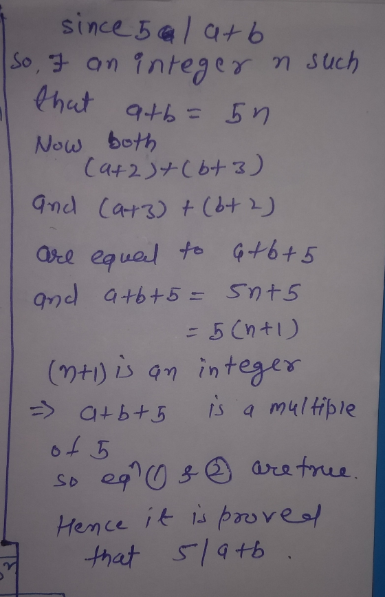 I since 5 latba So, I an integer n such that ath=5n Now both (at2)+(673) and Car3) + (6+2) are equal to 6+6+5 and atb+5 = 5n1