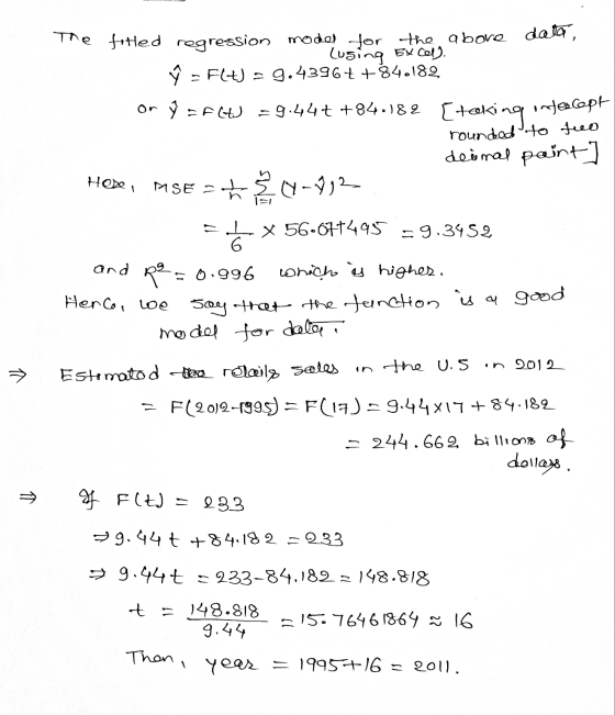 The fitted regression model for the above data, Lusing Excel). û = - FLt) - 9.4396+ +840182 ŷ =f(t) = 9.44€+84.182 [taking ro