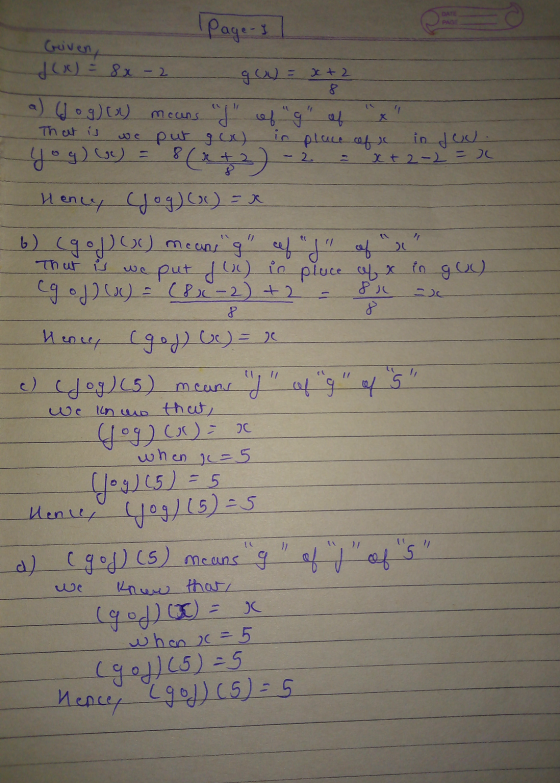 PAG Page 3 Griven, f(x) = 8x-2 g() = x+2 8 K a) (Joglou means I ofag of That is we put gue) place of s in du. xt 2-2 = Yog)