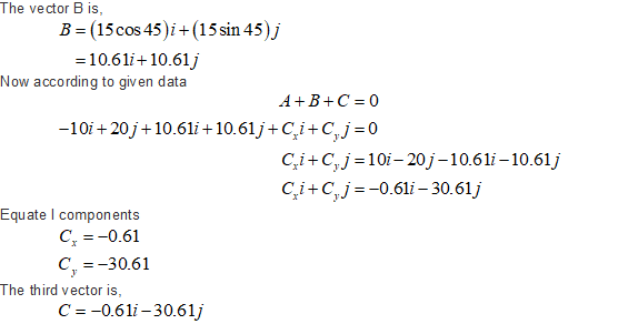 The vector B is, B (15cos 45)i(15sin 45)j 10.61i+10.61j C,i+C,j-10i-20j-10.61i-10.61j 1 Equate I components C0.61 C -30.61 Th