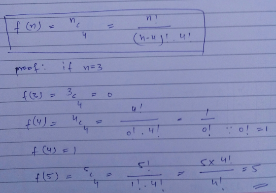 in f(n) zu 4 (n-4) 1.4 proof: if n=3 34 f(3) = 4 f(y) = ие va olul o! f(u) = 1 Sx u! s = 11 f(5) 4 h
