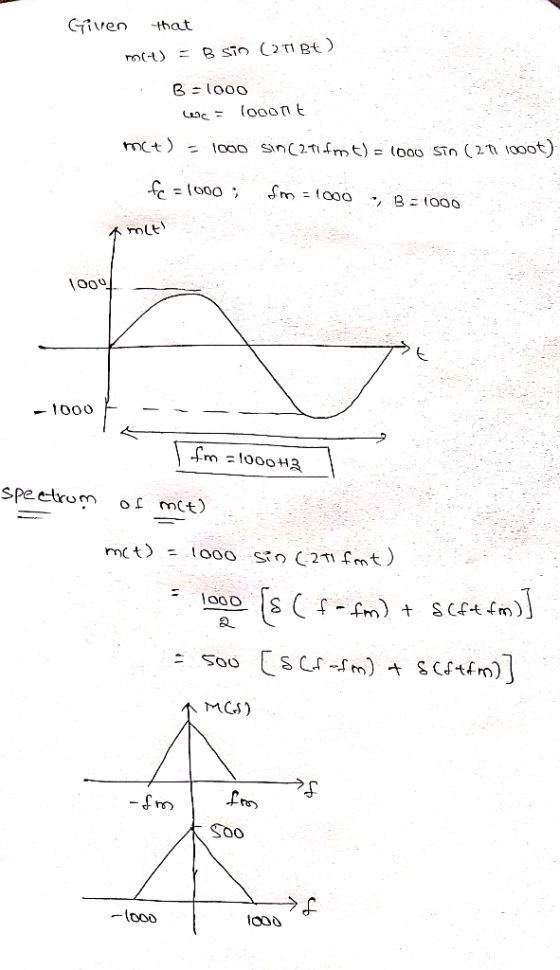 Given -that = B sin (2 TI Bt ) mit) B = lo00 lo00n t mct) = lo0o sin(291frmt) = lo00 STo (2h 100ot) fm = 1000 fc = l000 ; , B
