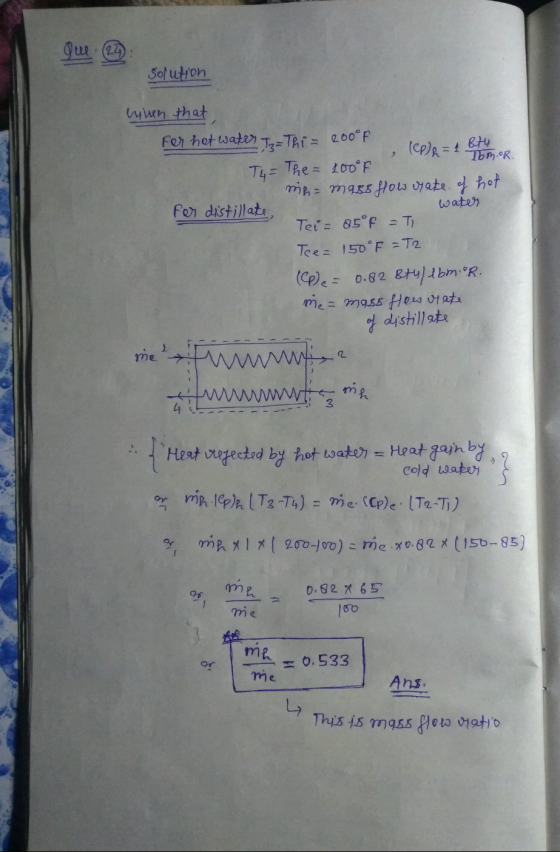 solution 1 Buty linen that For het water I Thi= 200°F (1826 = 1 But honor Tbm.or. Th= The=100°/ nh=mags flow rate of hot For
