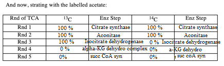 And now, strating with the labelled acetate: Rnd of TCA Rnd I Rnd 2 Rnd 3 Rnd 4 Rnd 5 13C 100% 100 % 100% 0% % Enz Step 140 E
