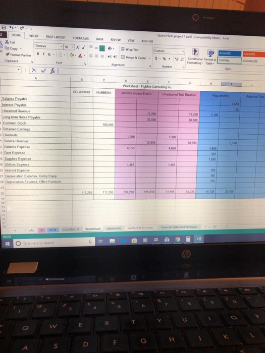 Quinn Hicks projet 1 partz 1Compat ibility Mode Excel HOME! INSERT PAGE LANOUT FoonAAS DATA RfVlW VEW AD046 Copy Form at Painter B 1 u Warksheet-FigMint Consuting Inc January Joumal EntysUnadusted Thal Balance TEGINNING NUMBERS Salanies Payable nterest Payable Uneamed Revenue 13200 erm Notes Payat 30 000 Commen Stock Ret ained Famings 1.000 Rent Expense Ubilities Expense 6 Interest Expense on Expense Comp Equp Deprecution Expense Office Fumtue 111296 | 11120| -1372401-一125 610L-nm 6 7 5