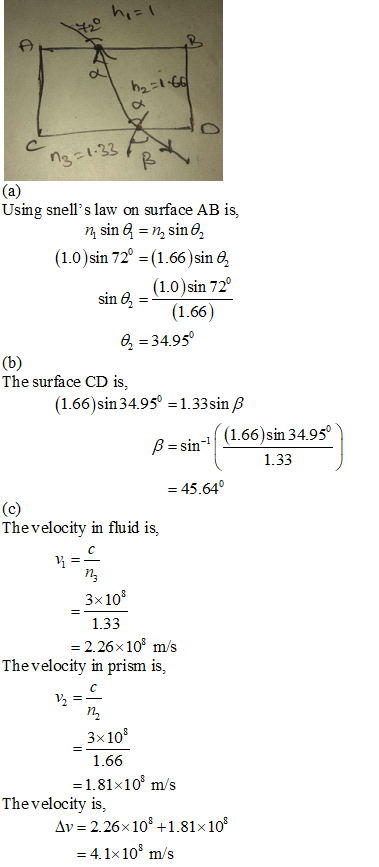 yo h=1 1.60 ng 1.33 nar Using snells law on surface AB is. n sin = n, sin (1.0)sin 72° = (1.66 )sin ? (1.0) sin 72° sin = (1