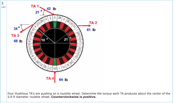 3. TA 1 21 1207 42 lb 14 2 0 28 ΤΑ 2 34 61 lb TA 3 TA 4 64 lb Four illustrious TAs are pushing on a roulette wheel. Determin