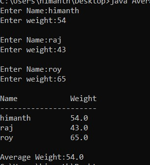 Enter Name:himanth Enter weight:54 Enter Name:raj Enter weight:43 Enter Name:roy Enter weight:65 Name Weight himanth raj roy