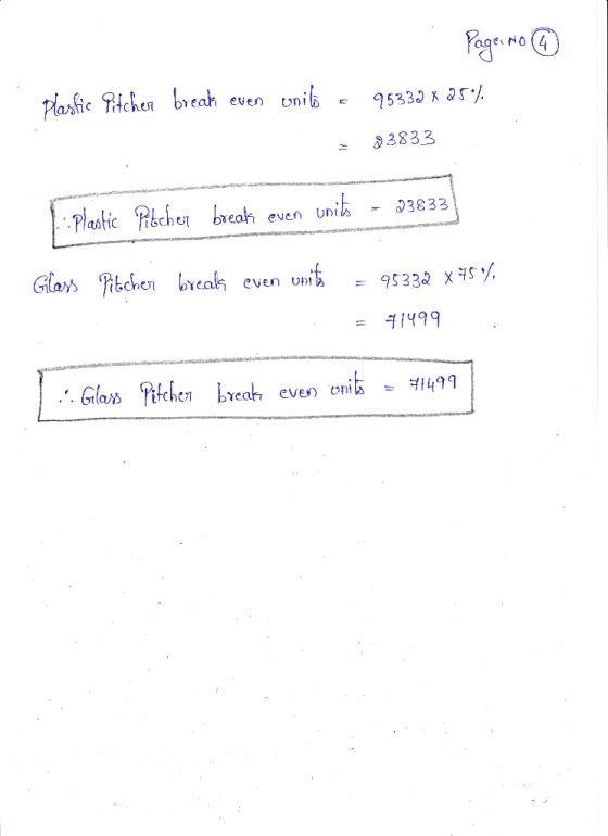 Page No 9 Plastic Pitcher break even unito - 95332 x 25%. 3833 1. Plastic Pitcher break even units - 23833 Glass Pitcher brea