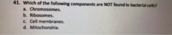 41. Which of the following components are NOT found in bacterial cells? a. Chromosomes. b. Ribosomes. c. Cell membranes. d. M