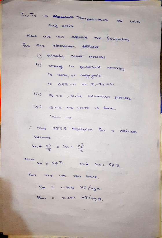 To, Ta Adosadoute Temperature out inlet and excit Now assume the following the adiabatic diffuser steady state process change
