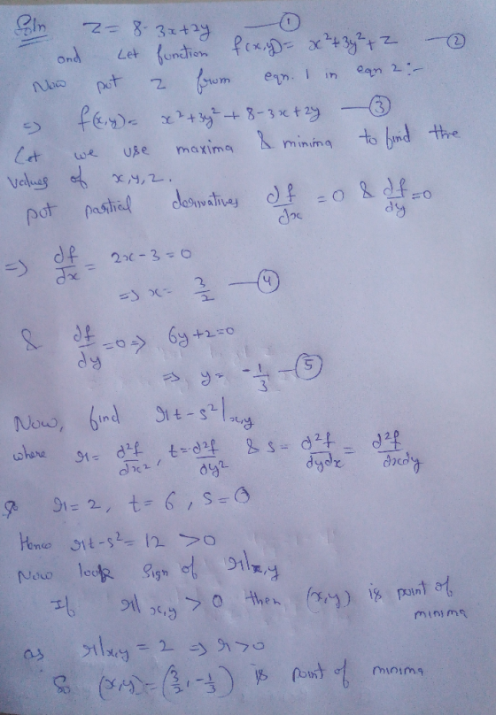 Coln - 8. 3x+2y and Let function fcx,y)= x² + 3y² + 2 Non pot z from ean. I in can 2:- . feyn x² + 3y² + 8-3x+2y ③ Let we use
