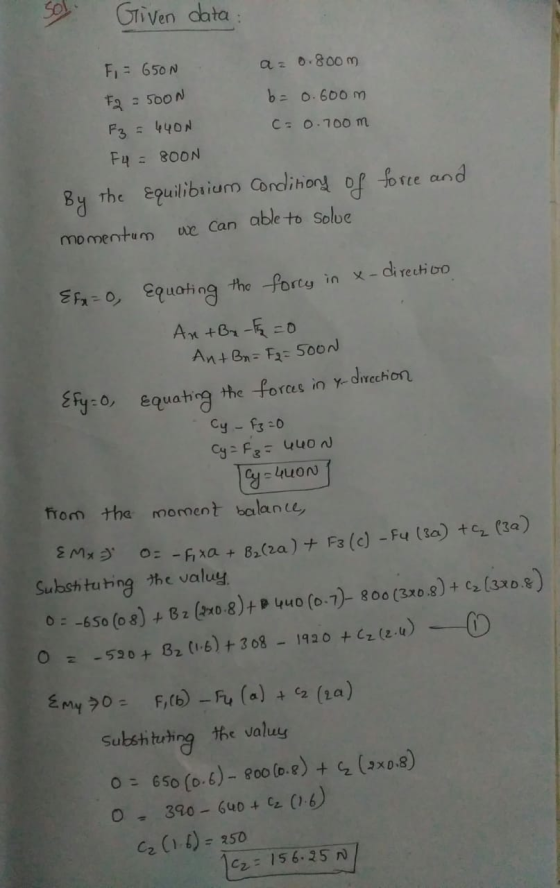 Given data F2 = 500N F = 650N a: 0.800 m b= 0.60om F₂ = 4400 c=0.700m F4 = 800N By the equilibrium conditions of force and we