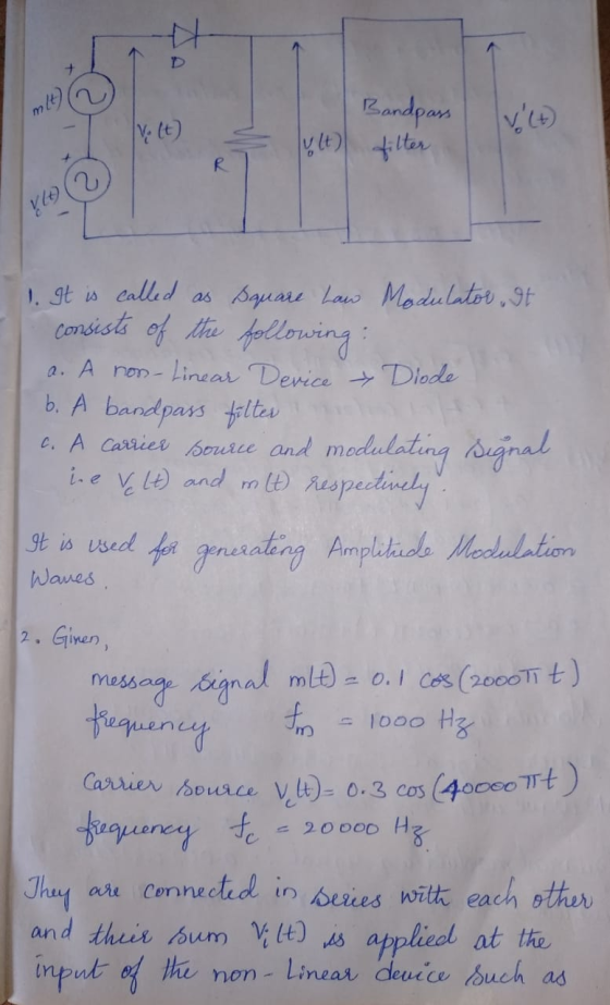 velt) VCD Ś Bandpass | filter lult 1. It is called as Square Law Modulator. It consists of the following: - a. A non-linear D