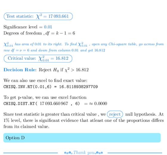 Test statistic:7093.661 Significance level = 0.01 Degrees of freedom ,df-k -1 6 X201 has area of 0.01 to its right. To find X