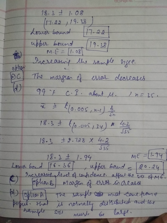 Pago No. 18.37 1.08 (17:22,19-38 Lower seund 77-22 upper bound 119.38 M.E= (1-08 Increasing the sample sigle. The margean of
