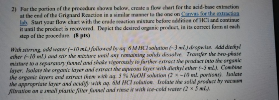 2) For the portion of the procedure shown below, create a flow chart for the acid-base extraction at the end of the Grignard