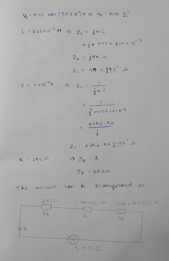 500 cos ( 347 ) V → Vo = 500 10° 1 = 2:00x103 H 2 = jout * 377 X 200 XD I = jant 21 - 165.4190° c=1x18bf 1.c - The y x377* 1x