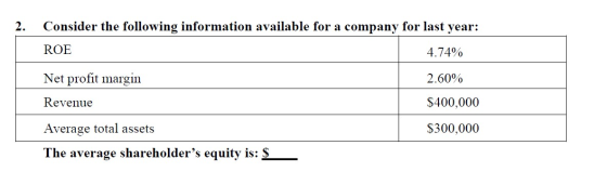 Consider the following information available for a company for last year: ROE 4.74% Net profit margin 2.60% Revenue $400,000