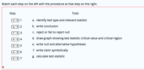 Match each step on the left with the procedure at that step on the right. Step Todo a. identify test type and relevant statis