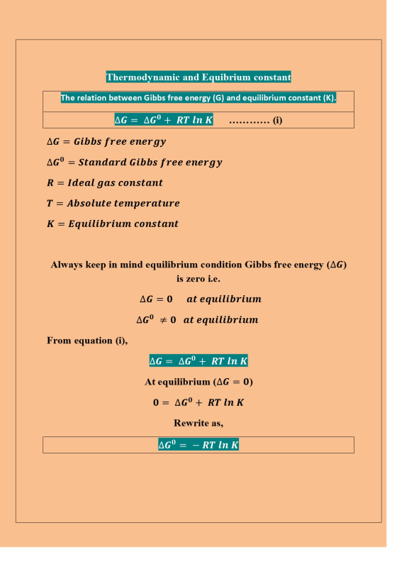 Thermodynamic and Equibrium constant The relation between Gibbs free energy (G) and equilibrium constant (K). AG AG° + RT In