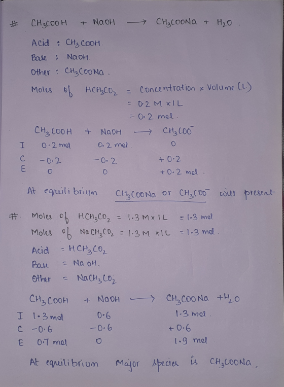 # CH₃COOH + NaOH CH₃COONa + H₂O Acid : CH₃ COOH. Base & Naoh. Other : CH₃COONa . Moles of HCH₂CO = concentration & Volume (L)