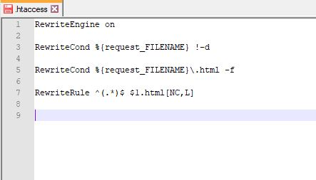 .htaccess X 1 RewriteEngine on 2. 3 RewriteCond ${request_FILENAME} !-d 4 5 RewriteCond ${request_FILENAME} \.html -f 6 7 Rew