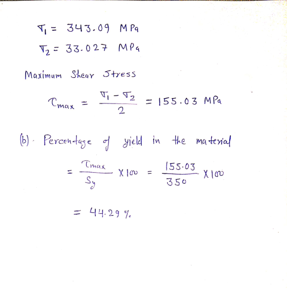 M Pa 343.09 33.027 MP4 Maximum Shear Jtress -T2 55.03 MPa Cmax 2 teria! bPerceege f yield in the Ma 55.03 Tmax IX 350 니4.29 9