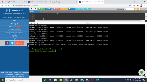F Coding Blocks IDE Online C++ Compiler - online ed X C Chegg X Online C Compiler - online editor X + C onlinegdb.com/online_
