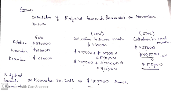 Amwer Calculation of 30, 2016. Budgeted Accounts Receivable on November (soy.) moun Collection in neat $ 435000 $40,5000 w (s