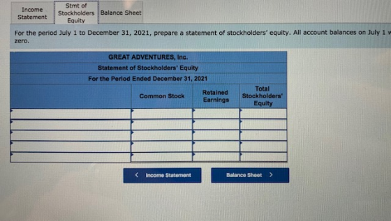 Stmt of Income Stockholders Balance Sheet Statement Equity For the period July 1 to December 31, 2021, prepare a statement of
