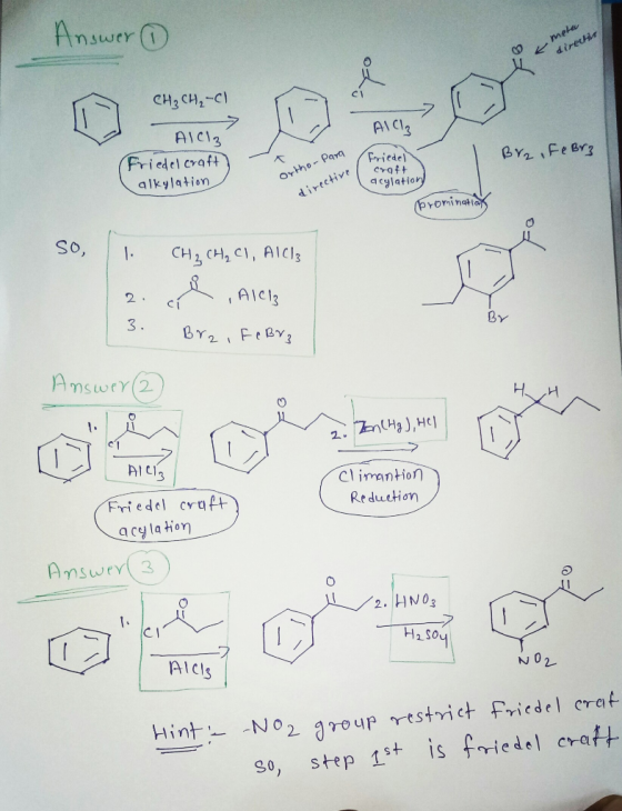 Answer Answer meter 4 directio CH₃ CH₂-C1 AICI AlCl3 Friedelcraft alkylation Brzife Bra Ortho-para Friedel craft a cylation d
