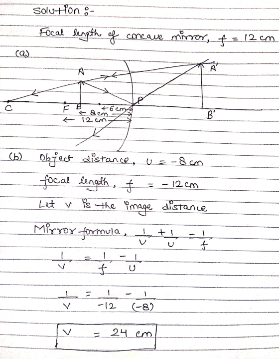 Solu+fon Focat length 2 cm concawe ca) A 6 cm 8 cm 2enm. Objeet distance, u-8cm (b) focal tenghf 12.cm Let v is the image dis