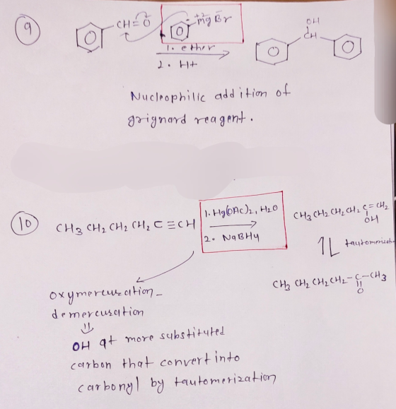 - CHEL oring Br 2. H + Nucleophilic addition of grignard reagent. D 1. HgOA)2, H20 CH2 CH2 CH2 CH, CECH 20 Na BHY 1 CH₂ CH₂ C