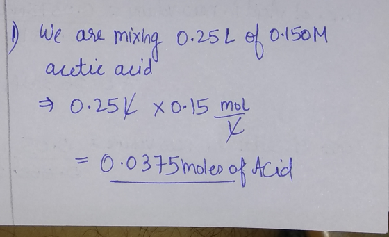 We are mixing 0.25L of 0.150M acetic acid = 0.254 x 0.15 mol = 0.0375 moles of Acid
