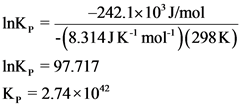 -242.1x10J/mol
Ink) =
-(8.314JK-mol-)(298K)
Ink, = 97.717
K, = 2.74x10^2
