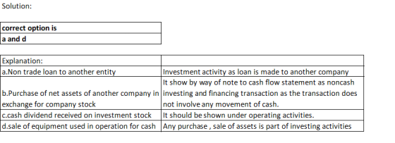 Solution: correct option is a and d Explanation: a.Non trade loan to another entity Investment activity as loan is made to an